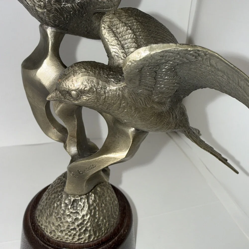 1976 Barn Swallows Irving Burgues Birds‎ Pewter Sculpture Signed Wood Base #1616